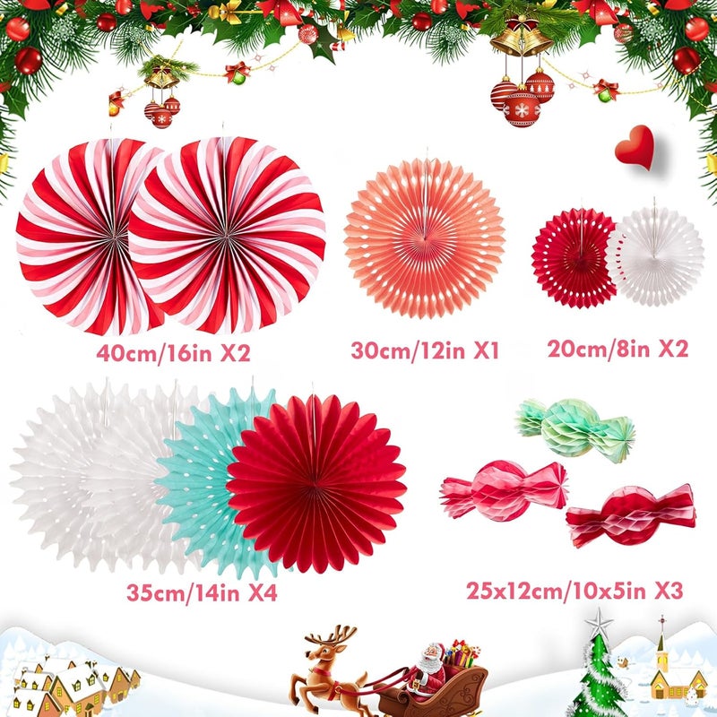 paper jazz 12pcs Candy Paper Fans Christmas Decoration,Candy Honeycomb Christmas Decorations,White and Red Xmas Decoration Wall/Ceiling for Classroom,Bulletin Board,Winterwonderland,Office Decor. - Image 2
